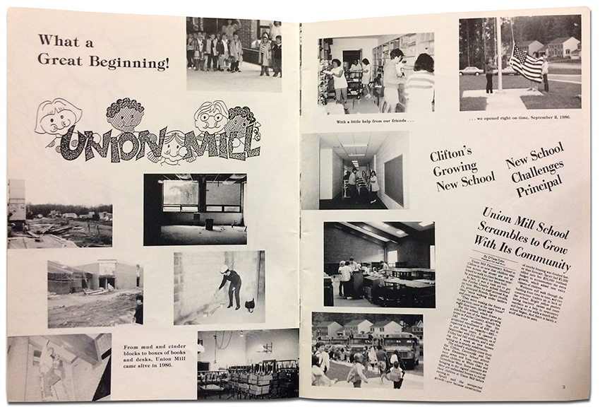 Photograph of pages two and three from Union Mill Elementary School's first yearbook. Titled Union Mill - What a Great Beginning - the pages show photographs of the school at various stages of construction, first day of school activities, and the newspaper article quoted on this webpage. 